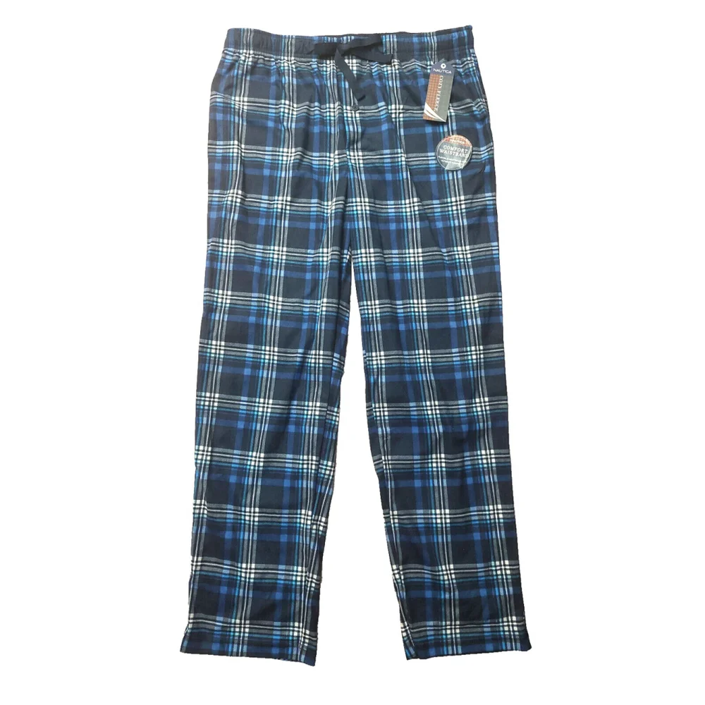Nautica Blue & White Plaid Drawstring Pajama Pants Mens Fleece Lounge Sleepwear